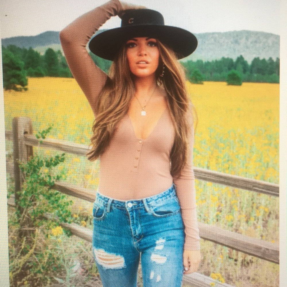 Buddy Love Long Sleeve V-Neck Ribbed Bodysuit in Taupe